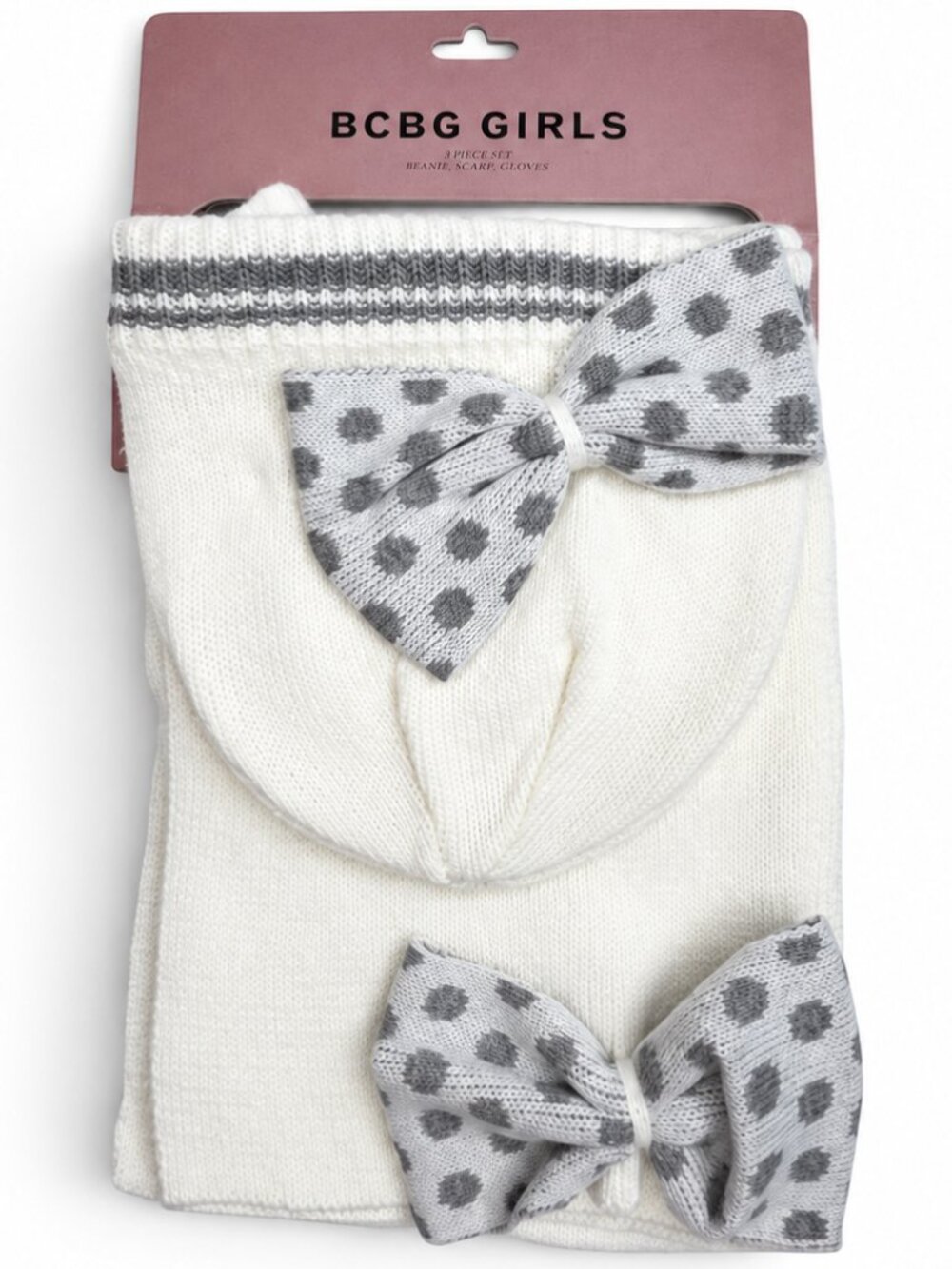 BCBG Girls 3-Piece Knit Beanie Scarf & Gloves Set White Gray Polka Dot Bows NWT